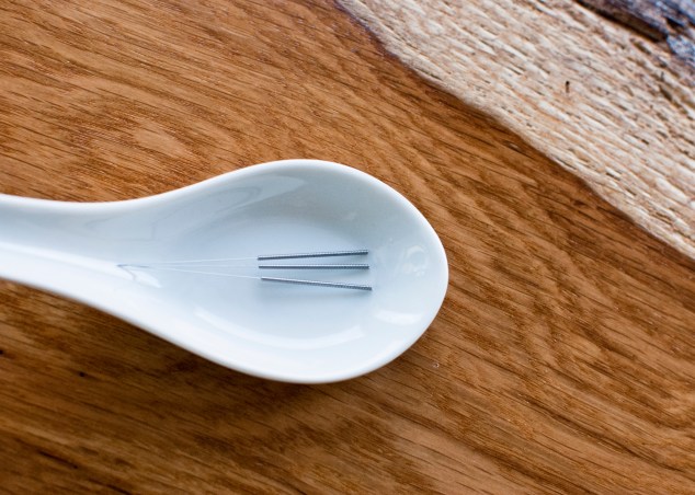 Acupuncture needles in gua sha spoon